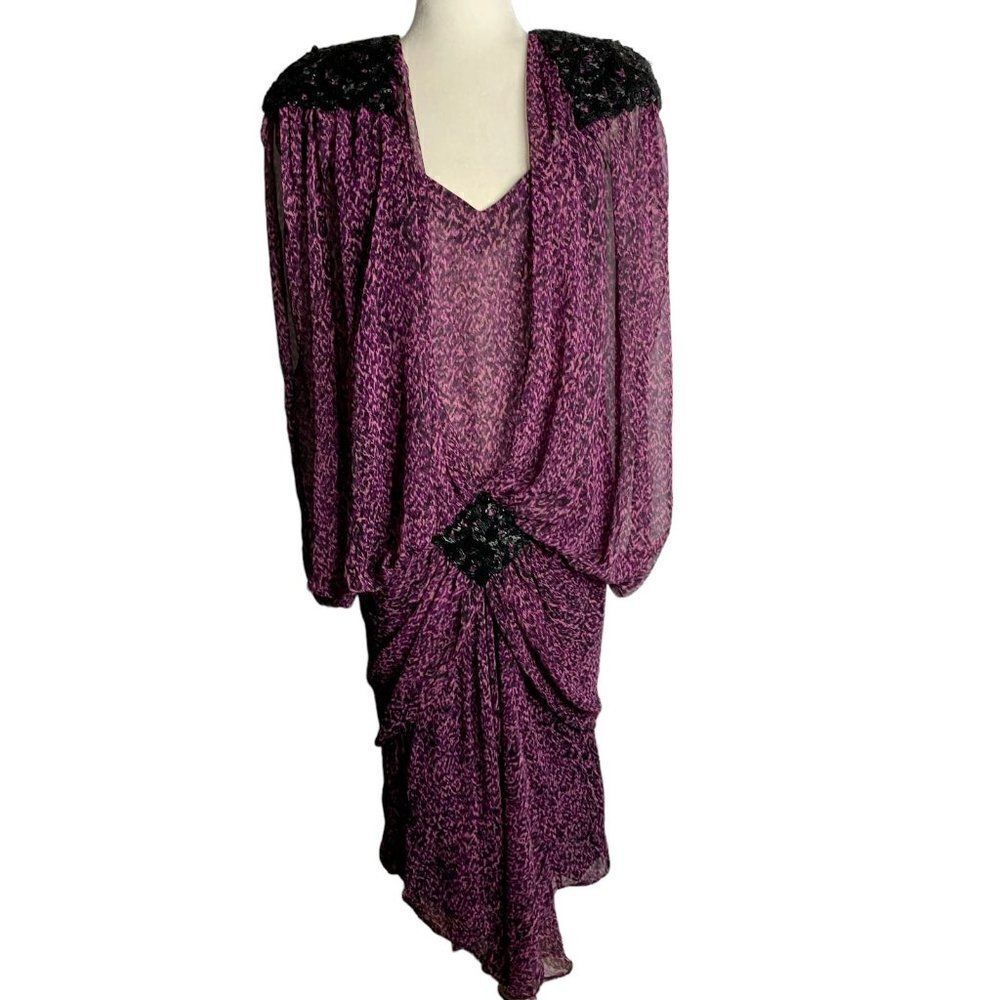 Vintage 80s Beaded Dropped Waist Dress S Purple Sheer Sleeveless Draped Pleated
